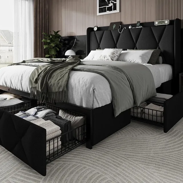 Bed Frame beige black 80.4"