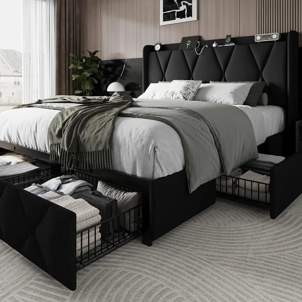 Bed Frame beige black 80.4"