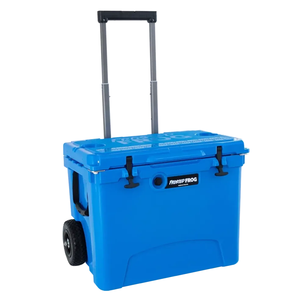 Wheeled Cooler 60 quart telescoping blue