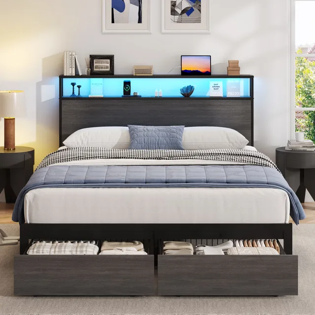 Queen Bed led brown gray