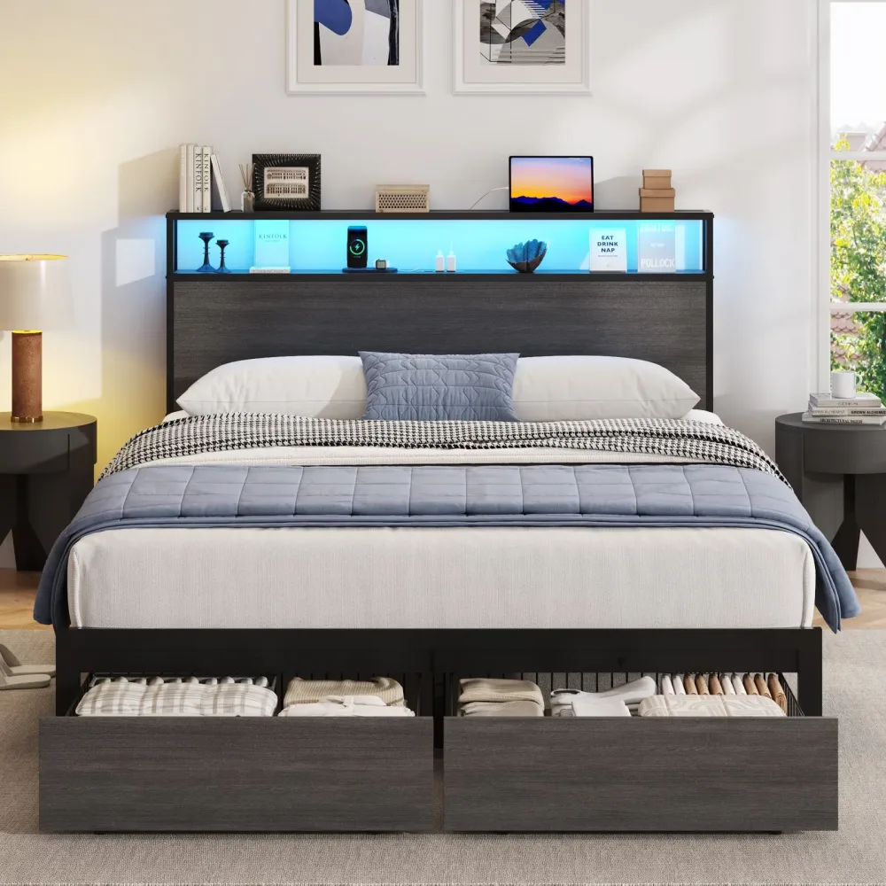 Queen Bed led brown gray