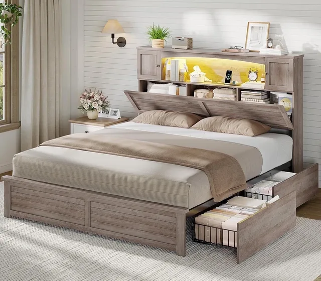 Bed Frame led white gray