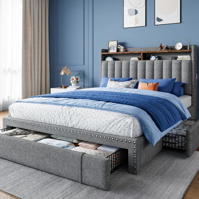 Platform Bed beige gray 2 people