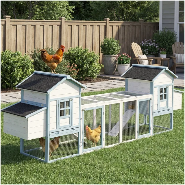 Chicken Coop blue white tan