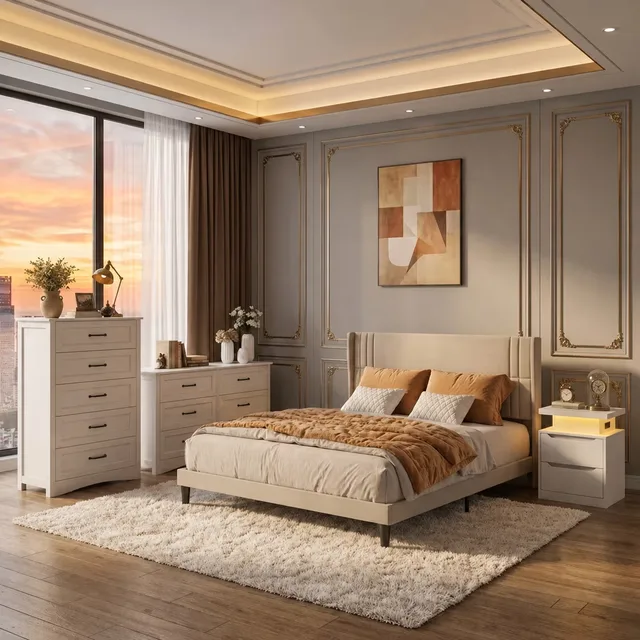 Bedroom Furniture led white beige