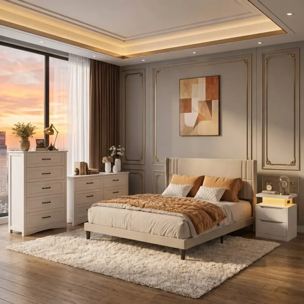 Bedroom Furniture led white beige